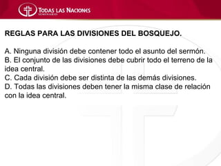 REGLAS PARA LAS DIVISIONES DEL BOSQUEJO.

A. Ninguna división debe contener todo el asunto del sermón.
B. El conjunto de las divisiones debe cubrir todo el terreno de la
idea central.
C. Cada división debe ser distinta de las demás divisiones.
D. Todas las divisiones deben tener la misma clase de relación
con la idea central.
 