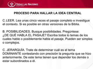 PROCESO PARA HALLAR LA IDEA CENTRAL

C. LEER. Lea unas cinco veces el pasaje completo e investigue
el contexto. Si es posible en otras versiones de la Biblia.

B. POSIBILIDADES. Busque posibilidades. Pregúntese:
¿DE QUÉ HABLA EL PASAJE? Escriba todos lo temas de los
cuales hable o posiblemente habla el pasaje. Pueden ser simples
o complejos.

C. JERARQUÍA. Trate de determinar cuál es el tema
DOMINANTE contestando con precisión la pregunta que se hizo
anteriormente. De este tema tienen que depender los demás o
estar subordinados a él.
 