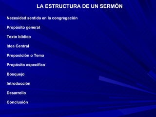 LA ESTRUCTURA DE UN SERMÓN

Necesidad sentida en la congregación

Propósito general

Texto bíblico

Idea Central

Proposición o Tema

Propósito específico

Bosquejo

Introducción

Desarrollo

Conclusión
 