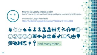 Now you can use any emoji as an icon!
And of course it resizes without losing quality and you can change the color.
How? Follow Google instructions
https://twitter.com/googledocs/status/730087240156643328
✋👆👉👍👤👦👧👨👩👪💃🏃💑❤😂
😉😋😒😭👶😸🐟🍒🍔💣📌📖🔨🎃🎈
🎨🏈🏰🌏🔌🔑and many more...
😉
106
 