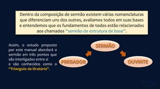 Dentro da composição de sermão existem várias nomenclaturas
que diferenciam uns dos outros, avaliamos todos em suas bases
e entendemos que os fundamentos de todos estão relacionados
aos chamados “sermão de estrutura de base”.
Assim, o estudo proposto
por este manual abordará o
sermão em três pontos que
são interligados entre si
e são conhecidos como o
“Triangulo da Oratória”.
 