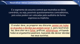 É o segmento do assunto central que neutraliza as ideias
contrárias, ou seja, possíveis questionamentos contraditórios,
pois estas podem ser colocadas pelo auditório de forma
expressa ou implícita.
O orador deve, ao preparar seu discurso, pensar em todas
as objeções e dúvidas que possam surgir e, para neutralizá-
las, deve ater-se a fatos, gráficos, estatísticas, utilizando
todos os argumentos possíveis, buscando não deixar dúvidas
nos seus ouvintes.
Neutralizar Ideias Contrárias ( Refutação)
6
 