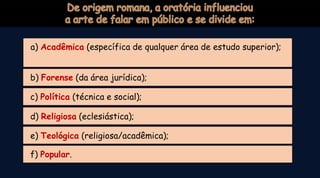 a) Acadêmica (específica de qualquer área de estudo superior);
b) Forense (da área jurídica);
c) Política (técnica e social);
d) Religiosa (eclesiástica);
e) Teológica (religiosa/acadêmica);
f) Popular.
 