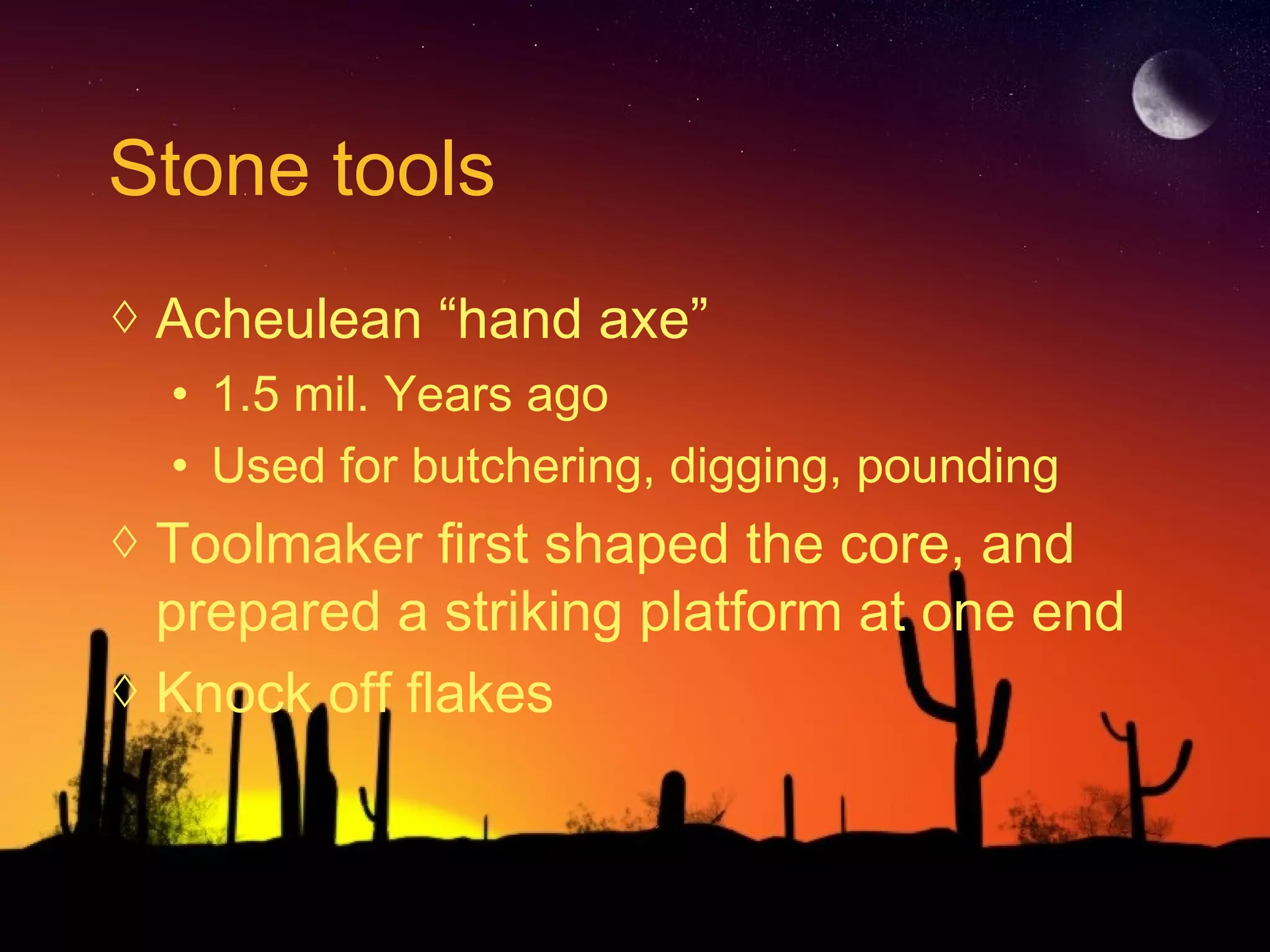 Stone tools
◊ Acheulean “hand axe”
• 1.5 mil. Years ago
• Used for butchering, digging, pounding
◊ Toolmaker first shaped the core, and
prepared a striking platform at one end
◊ Knock off flakes
 
