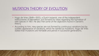 MUTATION THEORY OF EVOLUTION
• Hugo de Vries (1848—1935), a Dutch botanist, one of the independent
rediscoveries of Mendelism, put forward his views regarding the formation of
new species in 1901. He also met some of the objections found in Darwin’s
theory.
• According to him, new species are not formed by continuous variations but by
sudden appearance of variations, which he named as mutations. Hugo de Vries
stated that mutations are heritable and persist in successive generations.
 