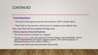 CONTINUED
Australopethicus
• The fossil of this genus was first discovered in 1924 in South Africa.
• They lived on the ground, used stones as weapons, and walked erect.
They were 4feet tall and weighed 60-80pounds.
Homo Sapiens Neanderthalensis
• The Homo Erectus evolved into Sapiens.
• During evolution, two sub-species of Homo Sapiens were identified- Homo
sapien Neanderthal and Homo sapiens sapiens. The cranial capacity of
Neanderthal grew from 1200 to 1600 cc.
• Some small hand axes had also been discovered.
 