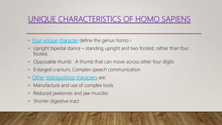 UNIQUE CHARACTERISTICS OF HOMO SAPIENS
• Four unique character define the genus homo:-
• Upright bipedal stance – standing upright and two footed, rather than four
footed.
• Opposable thumb : A thumb that can move across other four digits
• Enlarged cranium, Complex speech communication
• Other distinguishing characters are:
• Manufacture and use of complex tools
• Reduced jawbones and jaw muscles
• Shorter digestive tract
 