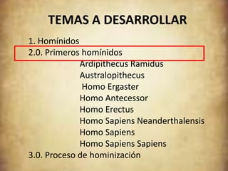 TEMAS A DESARROLLAR
1. Homínidos
2.0. Primeros homínidos
             Ardipithecus Ramidus
             Australopithecus
              Homo Ergaster
             Homo Antecessor
             Homo Erectus
             Homo Sapiens Neanderthalensis
             Homo Sapiens
             Homo Sapiens Sapiens
3.0. Proceso de hominización
 