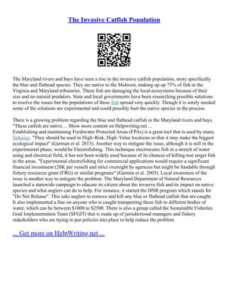 The Invasive Catfish Population
The Maryland rivers and bays have seen a rise in the invasive catfish population, more specifically
the blue and flathead species. They are native to the Midwest, making up up 75% of fish in the
Virginia and Maryland tributaries. These fish are damaging the local ecosystems because of their
size and no natural predators. State and local governments have been researching possible solutions
to resolve the issues but the populations of these fish spread very quickly. Though it is sorely needed
some of the solutions are experimental and could possibly hurt the native species in the process.
There is a growing problem regarding the blue and flathead catfish in the Maryland rivers and bays.
"These catfish are native ... Show more content on Helpwriting.net ...
Establishing and maintaining Freshwater Protected Areas (FPAs) is a great tool that is used by many
fisheries. "They should be used in High–Risk, High–Value locations so that it may make the biggest
ecological impact" (Garman et al. 2013). Another way to mitigate the issue, although it is still in the
experimental phase, would be Electrofishing. This technique electrocutes fish in a stretch of water
using and electrical field, it has not been widely used because of its chances of killing non target fish
in the areas. "Experimental electrofishing for commercial applications would require a significant
financial investment (20K per vessel) and strict oversight by agencies but might be fundable through
fishery resources grant (FRG) or similar programs" (Garmin et al. 2003). Local awareness of the
issue is another way to mitigate the problem. The Maryland Department of Natural Resources
launched a statewide campaign to educate its citizen about the invasive fish and its impact on native
species and what anglers can do to help. For instance, it started the DNR program which stands for
"Do Not Release". This asks anglers to remove and kill any blue or flathead catfish that are caught.
It also implemented a fine on anyone who is caught transporting these fish to different bodies of
water, which can be between $1000 to $2500. There is also a group called the Sustainable Fisheries
Goal Implementation Team (SFGIT) that is made up of jurisdictional managers and fishery
stakeholders who are trying to put policies into place to help reduce the problem
... Get more on HelpWriting.net ...
 