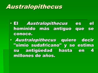 Australopithecus
 El Australopithecus es el
homínido más antiguo que se
conoce.
 Australopithecus quiere decir
"simio sudafricano" y se estima
su antigüedad hasta en 4
millones de años.
 