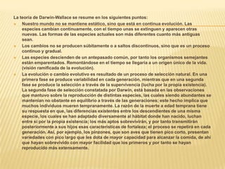 La teoría de Darwin-Wallace se resume en los siguientes puntos:

Nuestro mundo no se mantiene estático, sino que está en continua evolución. Las
especies cambian continuamente, con el tiempo unas se extinguen y aparecen otras
nuevas. Las formas de las especies actuales son más diferentes cuanto más antiguas
sean.

Los cambios no se producen súbitamente o a saltos discontinuos, sino que es un proceso
continuo y gradual.

Las especies descienden de un antepasado común, por tanto los organismos semejantes
están emparentados. Remontándose en el tiempo se llegaría a un origen único de la vida.
(visión ramificada de la evolución).

La evolución o cambio evolutivo es resultado de un proceso de selección natural. En una
primera fase se produce variabilidad en cada generación, mientras que en una segunda
fase se produce la selección a través de la supervivencia (lucha por la propia existencia).
La segunda fase de selección constatada por Darwin, está basada en las observaciones
que mantuvo sobre la reproducción de distintas especies, las cuales siendo abundantes se
mantenían no obstante en equilibrio a través de las generaciones; este hecho implica que
muchos individuos mueren tempranamente. La razón de la muerte a edad temprana tiene
su respuesta en que, las diferencias existentes entre los descendientes de una misma
especie, los cuales se han adaptado diversamente al hábitat donde han nacido, luchan
entre sí por la propia existencia; los más aptos sobrevivirán, y por tanto transmitirán
posteriormente a sus hijos esas características de fortaleza; el proceso se repetirá en cada
generación. Así, por ejemplo, los pinzones, que son aves que tienen pico corto, presentan
variedades con pico largo que les dota de mayor capacidad para alcanzar la comida, de ahí
que hayan sobrevivido con mayor facilidad que los primeros y por tanto se hayan
reproducido más extensamente.

 