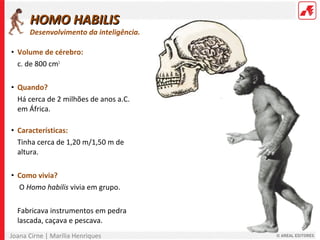 Joana Cirne | Marília Henriques
• Volume de cérebro:
c. de 800 cm3
• Quando?
Há cerca de 2 milhões de anos a.C.
em África.
• Características:
Tinha cerca de 1,20 m/1,50 m de
altura.
• Como vivia?
O Homo habilis vivia em grupo.
Fabricava instrumentos em pedra
lascada, caçava e pescava.
HOMO HABILISHOMO HABILIS
Desenvolvimento da inteligência.
 