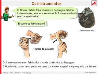 Joana Cirne | Marília Henriques
Os instrumentos
Seixo quebrado.
O Homo Habilis foi o primeiro a conseguir fabricar
instrumentos, embora inicialmente fossem muito simples
(seixos quebrados).
E como os fabricavam?
Os instrumentos eram fabricados através da técnica da lascagem.
O Hominídeo usava uma pedra ou osso, para bater na pedra a que queria dar forma.
Técnica da lascagem
 
