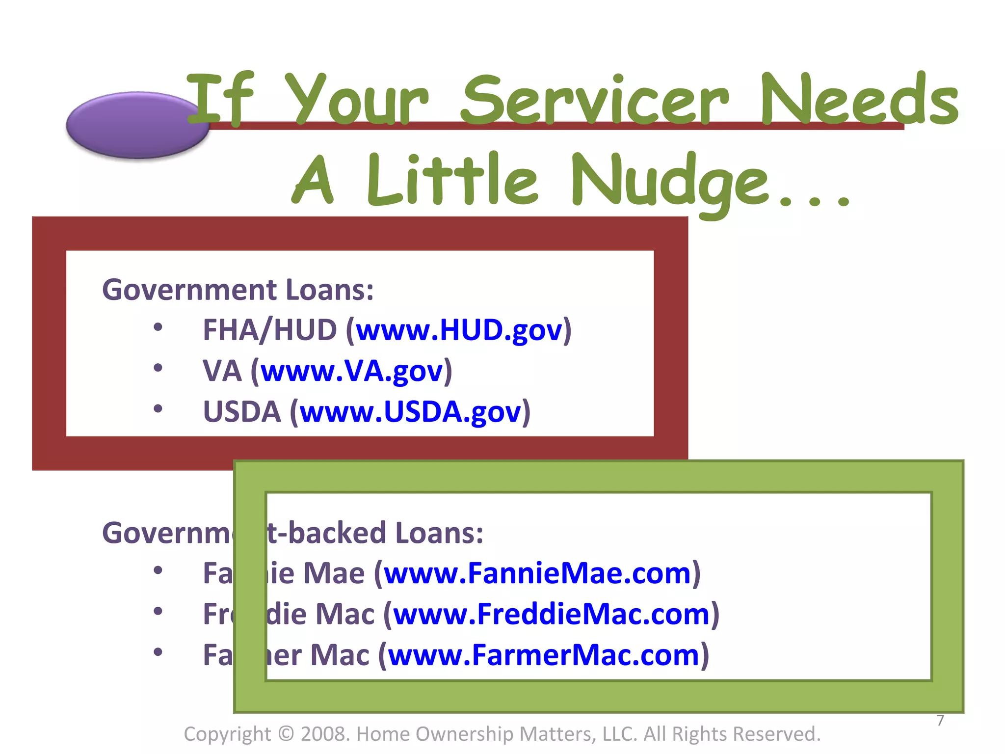 If Your Servicer Needs A Little Nudge... Government Loans: FHA/HUD ( www.HUD.gov ) VA ( www.VA.gov )  USDA ( www.USDA.gov )  Government-backed Loans: Fannie Mae ( www.FannieMae.com )  Freddie Mac ( www.FreddieMac.com )  Farmer Mac ( www.FarmerMac.com )  Copyright © 2008. Home Ownership Matters, LLC. All Rights Reserved. 