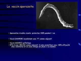 Le vaccin sporozoite




 • Sporozoites irradiés vivants: protection 100% pendant 1 an


 • Vaccin (NANP)40 recombinant avec TT comme adjuvant

 • Vaccin (NANP)3 synthetique
 • RTS,S avec SBA/S2 comme adjuvant: le plus prometteur avec >50% efficacité
    chez volontaires et en essai clinique de phase 3 en Gambie
 