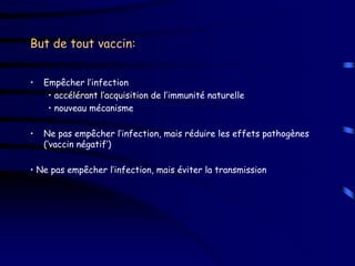 But de tout vaccin:


•   Empêcher l’infection
     • accélérant l’acquisition de l’immunité naturelle
     • nouveau mécanisme

•   Ne pas empêcher l’infection, mais réduire les effets pathogènes
    (‘vaccin négatif’)

• Ne pas empêcher l’infection, mais éviter la transmission
 