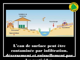 L’eau de surface peut être
contaminée par infiltration,
déversement et ruissellement par
 