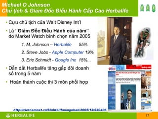 Michael O Johnson Chủ tịch & Giám Đốc Điều Hành Cấp Cao Herbalife Cựu chủ tịch của Walt Disney Int’l  Là  “Giám Đốc Điều Hành của năm”  do Market Watch bình chọn năm 2005  1. M. Johnson –  Herbalife   55%   2. Steve Jobs -  Apple Computer  19% 3. Eric Schmidt -  Google Inc  15%... Dẫn dắt Herbalife tăng gấp đôi doanh số trong 5 năm  Hoàn thành cuộc thi 3 môn phối hợp http://vietnamnet.vn/kinhte/thuongnhan/2005/12/520406 