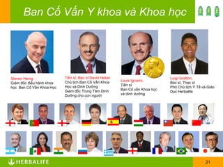 Tiến sĩ, Bác sĩ David Heber  Chủ tịch Ban Cố Vấn Khoa Học và Dinh Dưỡng Giám đốc Trung Tâm Dinh Dưỡng cho con người  Luigi Gratton,  Bác sĩ, Thạc sĩ Phó Chủ tịch Y Tế và Giáo Dục Herbalife Louis Ignarro,  Tiến sĩ Ban Cố vấn Khoa học và dinh dưỡng Ban Cố Vấn Y khoa và Khoa học Steven Henig Giám đốc điều hành khoa học  Ban Cố Vấn Khoa Học 