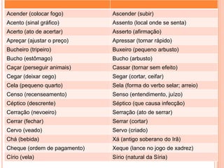 Acender (colocar fogo)        Ascender (subir)
Acento (sinal gráfico)        Assento (local onde se senta)
Acerto (ato de acertar)       Asserto (afirmação)
Apreçar (ajustar o preço)     Apressar (tornar rápido)
Bucheiro (tripeiro)           Buxeiro (pequeno arbusto)
Bucho (estômago)              Bucho (arbusto)
Caçar (perseguir animais)     Cassar (tornar sem efeito)
Cegar (deixar cego)           Segar (cortar, ceifar)
Cela (pequeno quarto)         Sela (forma do verbo selar; arreio)
Censo (recenseamento)         Senso (entendimento, juízo)
Céptico (descrente)           Séptico (que causa infecção)
Cerração (nevoeiro)           Serração (ato de serrar)
Cerrar (fechar)               Serrar (cortar)
Cervo (veado)                 Servo (criado)
Chá (bebida)                  Xá (antigo soberano do Irã)
Cheque (ordem de pagamento)   Xeque (lance no jogo de xadrez)
Círio (vela)                  Sírio (natural da Síria)
 