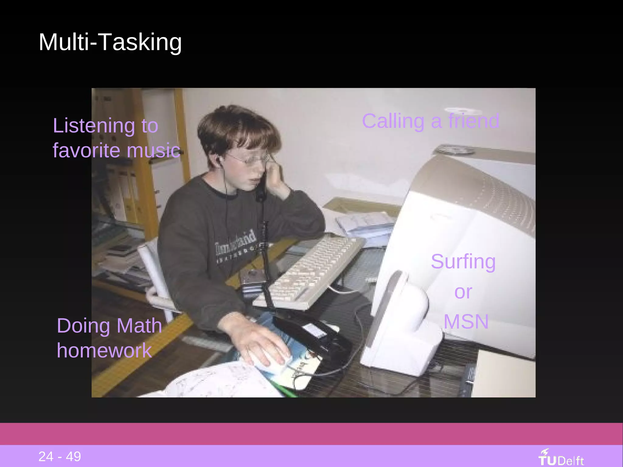Multi-Tasking Listening to favorite music 24 - 49 Doing Math homework Calling a friend Surfing  or  MSN 