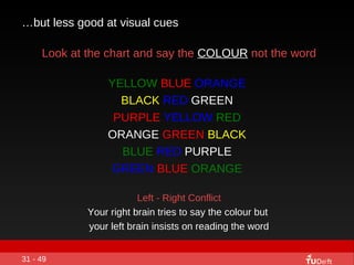 … but less good at visual cues Look at the chart and say the   COLOUR   not the word 31 - 49 YELLOW   BLUE   ORANGE BLACK ...