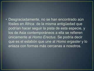 • Desgraciadamente, no se han encontrado aún
fósiles en África de la misma antigüedad que
podrían hacer seguir la pista de esta especie, y
los de Asia contemporáneos a ella se refieren
únicamente al Homo Erectus. Se podría decir
que es el eslabón que une al Homo ergaster y lo
enlaza con formas más cercanas a nosotros.
 