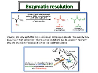 Enzymatic resolutionEnzymatic resolution
Enzymes are very useful for the resolution of certain compounds • Frequently they
display very high selectivity • There can be limitations due to solubility, normally
only one enantiomer exists and can be too substrate specific
 