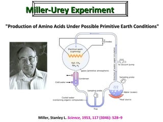 Miller-Urey ExperimentMiller-Urey Experiment
Miller, Stanley L. Science, 1953, 117 (3046): 528–9
"Production of Amino Acids Under Possible Primitive Earth Conditions""Production of Amino Acids Under Possible Primitive Earth Conditions"
 