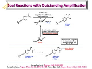 Kenso Soai et.al. Science, 2009, 24,492-495
Kenso Soai et.al. Angew. Chem. Int. Ed., 2004, 43,4490; Kenso Soai et.al. Angew. Chem. Int. Ed., 2003, 43,315
Soai Reactions with Outstanding AmplificationSoai Reactions with Outstanding AmplificationAm
plification
M
echanism
 