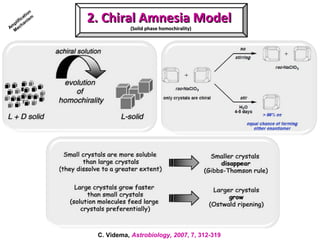 2. Chiral Amnesia Model2. Chiral Amnesia Model
(Solid phase homochirality)(Solid phase homochirality)
C. Videma, Astrobiology, 2007, 7, 312-319
Am
plification
M
echanism
 
