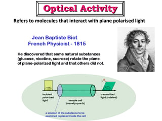 Refers to molecules that interact with plane polarised lightRefers to molecules that interact with plane polarised light
Optical ActivityOptical Activity
 