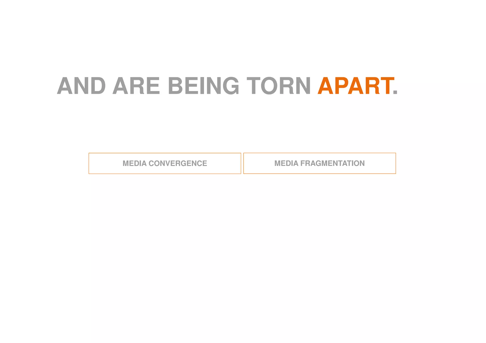 AND ARE BEING TORN APART.
MEDIA FRAGMENTATIONMEDIA CONVERGENCE
 