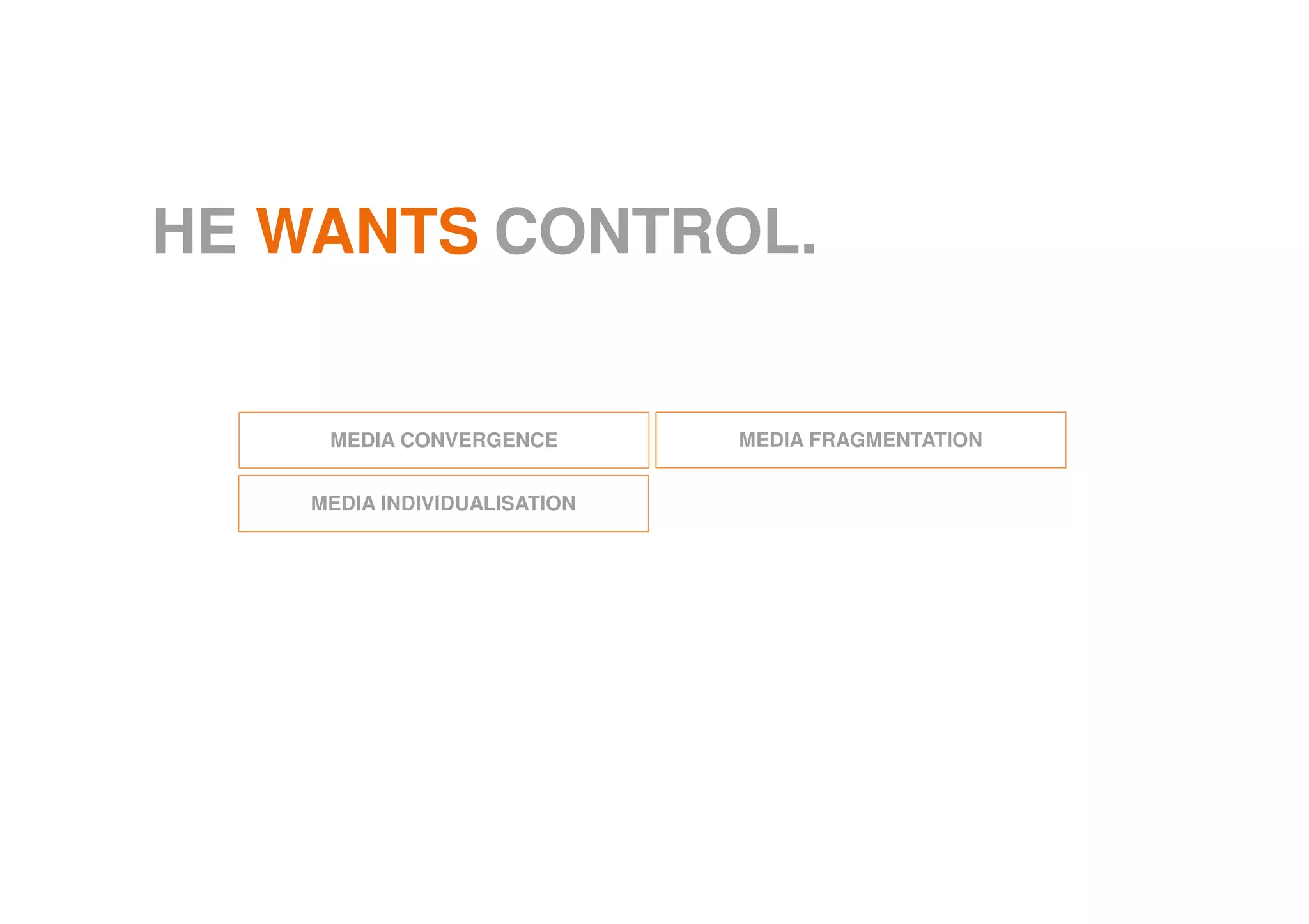 HE WANTS CONTROL.
MEDIA INDIVIDUALISATION
MEDIA FRAGMENTATIONMEDIA CONVERGENCE
 