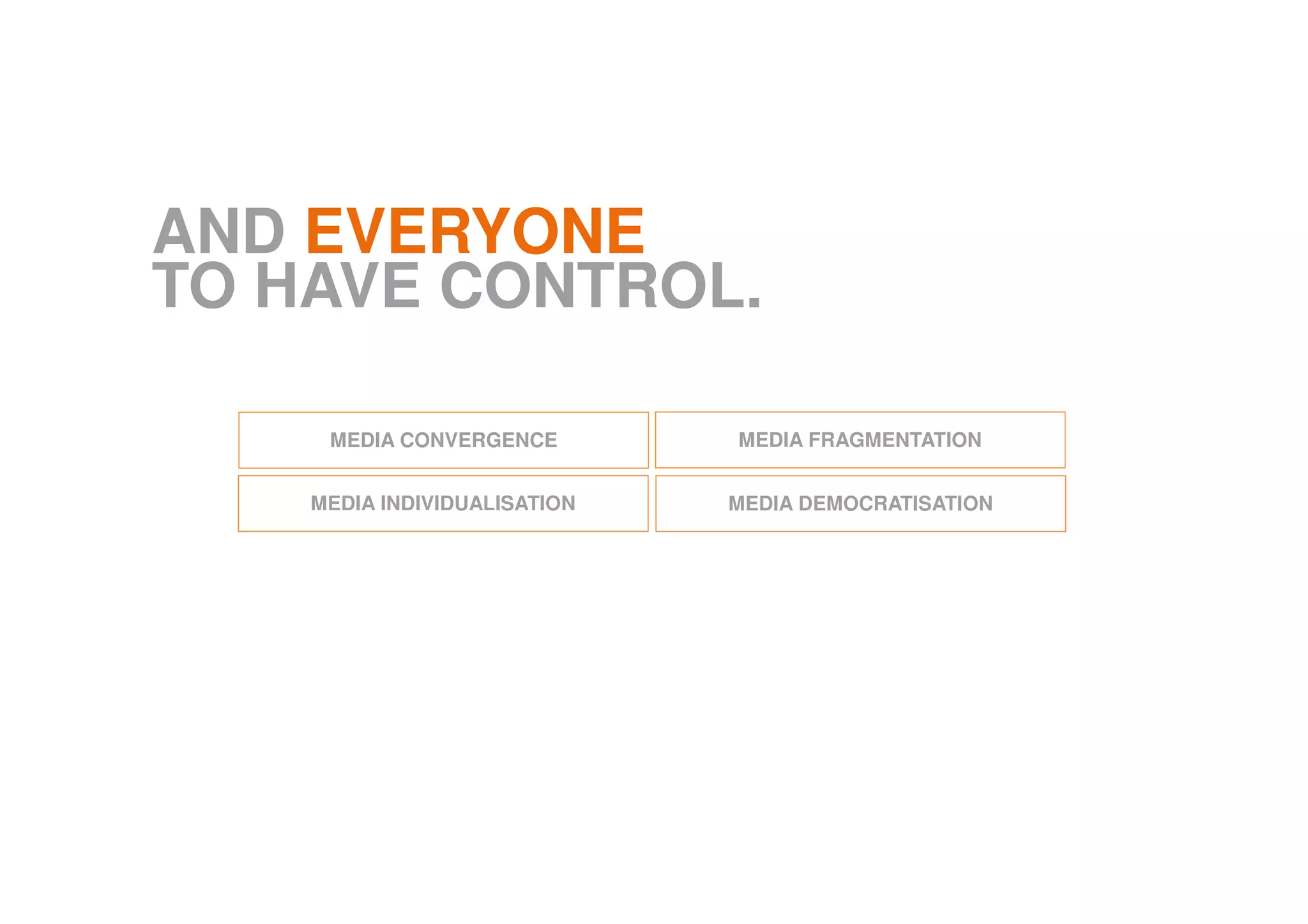 AND EVERYONE
TO HAVE CONTROL.
MEDIA DEMOCRATISATIONMEDIA INDIVIDUALISATION
MEDIA FRAGMENTATIONMEDIA CONVERGENCE
 