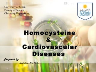 Homocysteine
&
Cardiovascular
Diseases
Homocysteine
&
Cardiovascular
Diseases
Prepared by:
Ardalan Ali Nabi
University of Soran
Faculty of Science
Chemistry Department
 