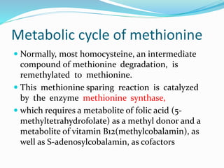 Metabolic cycle of methionine
 Normally, most homocysteine, an intermediate
compound of methionine degradation, is
remethylated to methionine.
 This methionine sparing reaction is catalyzed
by the enzyme methionine synthase,
 which requires a metabolite of folic acid (5-
methyltetrahydrofolate) as a methyl donor and a
metabolite of vitamin B12(methylcobalamin), as
well as S-adenosylcobalamin, as cofactors
 