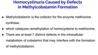 Homocystinuria Caused by Defects
in Methylcobalamin Formation
● Methylcobalamin is the cofactor for the enzyme methionine
synthase,
● which catalyzes remethylation of homocysteine to methionine.
● There are at least 7 distinct defects in the intracellular
metabolism of cobalamin that may interfere with the formation
of methylcobalamin.
 