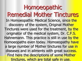 Homoeopathic Remedial Mother Tinctures In Homoeopathic Medical Science, since the discovery of the system, Original Mother Tinctures were used for the treatment, by the originator of the medical system, Dr. C.F.S. Hahnemann. This practice is still in use by the Homoeopaths even today. Homoeopathy have a large number of Mother tinctures for use in diseases and in ailments with great success. Find here the descriptions of some Mother tinctures, which are total safe in use.  