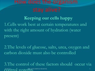 How does the organism  stay alive? Keeping our cells happy 1.Cells work best at certain temperatures and with the right amount of hydration (water present) 2.The levels of glucose, salts, urea, oxygen and carbon dioxide must also be controlled 3.The control of these factors should  occur via control systems. 10/02/11 DR. QAZI IMTIAZ RASOOL 