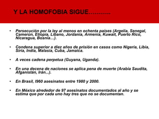 Persecución por la ley al menos en ochenta países (Argelia, Senegal, Camerún, Etiopía, Líbano, Jordania, Armenia, Kuwait, Puerto Rico, Nicaragua, Bosnia…). Condena superior a diez años de prisión en casos como Nigeria, Libia, Siria, India, Malasia, Cuba, Jamaica.  A veces cadena perpetua (Guyana, Uganda).  En una decena de naciones se aplica pena de muerte (Arabia Saudita, Afganistán, Irán...). En Brasil, l960 asesinatos entre 1980 y 2000.  En México alrededor de 97 asesinatos documentados al año y se estima que por cada uno hay tres que no se documentan. Y LA HOMOFOBIA SIGUE……….. 