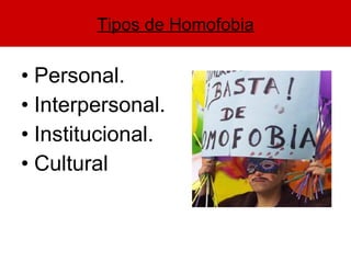 Personal. Interpersonal. Institucional. Cultural Tipos de Homofobia 