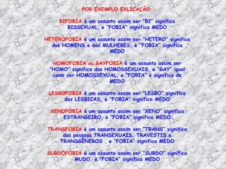 POR EXEMPLO EXLICAÇÃO:

     BIFOBIA é um assunto assim ser “BI” significa
        BISSEXUAL, e “FOBIA” significa MEDO

HETEROFOBIA é um assunto assim ser “HETERO” significa
  dos HOMENS e das MULHERES, e “FOBIA” significa
                      MEDO

  HOMOFOBIA ou GAYFOBIA é um assunto assim ser
 “HOMO” significa dos HOMOSSEXUAIS, e “GAY” igual
  como ser HOMOSSEXUAL, e “FOBIA” é significa de
                       MEDO

 LESBOFOBIA é um assunto assim ser “LESBO” significa
      das LESBICAS, e “FOBIA” significa MEDO

  XENOFOBIA é um assunto assim ser “XENO” significa
      ESTRANGEIRO, e “FOBIA” significa MEDO

 TRANSFOBIA é um assunto assim ser “TRANS” significa
      das pessoas TRANSEXUAIS, TRAVESTIS e
     TRANSGÊNEROS , e “FOBIA” significa MEDO

 SURDOFOBIA é um assunto assim ser “SURDO” significa
         MUDO, e “FOBIA” significa MEDO
 