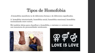 Tipos de Homofobia
A homofobia manifesta-se de diferentes formas e de diferentes significados.
A homofobia interiorizada, homofobia social, homofobia emocional, homofobia
racionalizada entre outros.
Há também ideias para classificar a homofobia, o racismo e o sexismo como
um transtorno de personalidade intolerante.
 