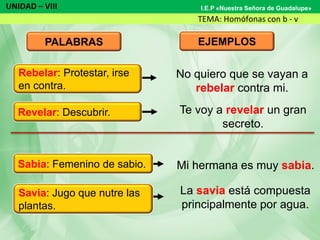 UNIDAD – VIII
TEMA: Homófonas con b - v
I.E.P «Nuestra Señora de Guadalupe»
PALABRAS EJEMPLOS
No quiero que se vayan a
rebelar contra mi.
Te voy a revelar un gran
secreto.
Mi hermana es muy sabia.
La savia está compuesta
principalmente por agua.
Revelar: Descubrir.
Sabia: Femenino de sabio.
Savia: Jugo que nutre las
plantas.
Rebelar: Protestar, irse
en contra.
 