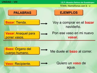 UNIDAD – VIII
TEMA: Homófonas con b - v
I.E.P «Nuestra Señora de Guadalupe»
PALABRAS EJEMPLOS
Voy a comprar en el bazar
navideño.
Pon ese vaso en mi nuevo
vasar.
Me duele el bazo al correr.
Quiero un vaso de
agua.
Vasar: Anaquel para
poner vasos.
Bazo: Órgano del
cuerpo humano.
Vaso: Recipiente.
Bazar: Tienda.
 