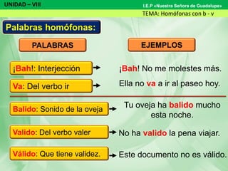 UNIDAD – VIII
TEMA: Homófonas con b - v
I.E.P «Nuestra Señora de Guadalupe»
PALABRAS
Palabras homófonas:
EJEMPLOS
¡Bah! No me molestes más.
Ella no va a ir al paseo hoy.
Tu oveja ha balido mucho
esta noche.
No ha valido la pena viajar.
Este documento no es válido.
Balido: Sonido de la oveja
Valido: Del verbo valer
Válido: Que tiene validez.
¡Bah!: Interjección
Va: Del verbo ir
 