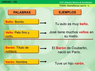 UNIDAD – VIII
TEMA: Homófonas con b - v
I.E.P «Nuestra Señora de Guadalupe»
PALABRAS EJEMPLOS
Tu auto es muy bello.
José tiene muchos vellos en
su rostro.
El Barón de Coubertin,
nació en París..
Tuve un hijo varón.
Vello: Pelo fino y
corto.
Barón: Título de
nobleza.
Varón: Hombre.
Bello: Bonito.
 