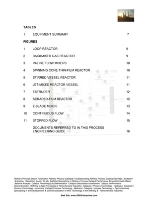 TABLES
1

EQUIPMENT SUMMARY

7

FIGURES
1

LOOP REACTOR

9

2

BACKMIXED GAS REACTOR

9

3

IN-LINE FLOW MIXERS

10

4

SPINNING CONE THIN-FILM REACTOR

10

5

STIRRED VESSEL REACTOR

11

6

JET-MIXED REACTOR VESSEL

11

7

EXTRUDER

12

8

SCRAPED-FILM REACTOR

12

9

Z-BLADE MIXER

13

10

CONTINUOUS FLOW

14

11

STOPPED FLOW

15

DOCUMENTS REFERRED TO IN THIS PROCESS
ENGINEERING GUIDE

16

Refinery Process Stream Purification Refinery Process Catalysts Troubleshooting Refinery Process Catalyst Start-Up / Shutdown
Activation Reduction In-situ Ex-situ Sulfiding Specializing in Refinery Process Catalyst Performance Evaluation Heat & Mass
Balance Analysis Catalyst Remaining Life Determination Catalyst Deactivation Assessment Catalyst Performance
Characterization Refining & Gas Processing & Petrochemical Industries Catalysts / Process Technology - Hydrogen Catalysts /
Process Technology – Ammonia Catalyst Process Technology - Methanol Catalysts / process Technology – Petrochemicals
Specializing in the Development & Commercialization of New Technology in the Refining & Petrochemical Industries
Web Site: www.GBHEnterprises.com

 