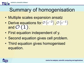 Summary of homogenisation
• Multiple scales expansion ansatz
• Derive equations for ,
and .
• First equation independent of y.
• Second equation gives cell problem.
• Third equation gives homogenised
equation.
 